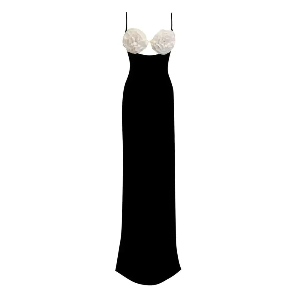 Black Spaghetti Strap Rose Flower Applique Bodycon Maxi Dress 9