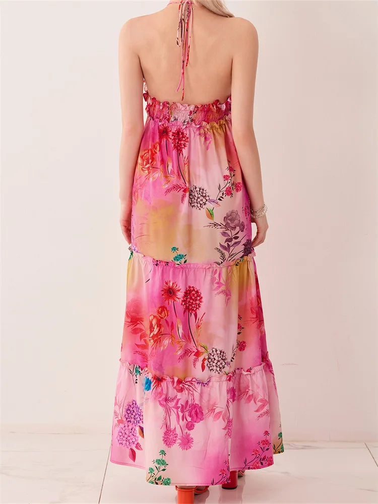 Retro Print Backless Vneck Midi Dress