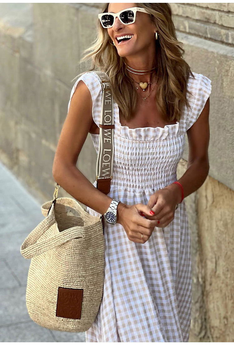 Square Neck Ruffle Strap Smocked Gingham Tiered Maxi Dress 2