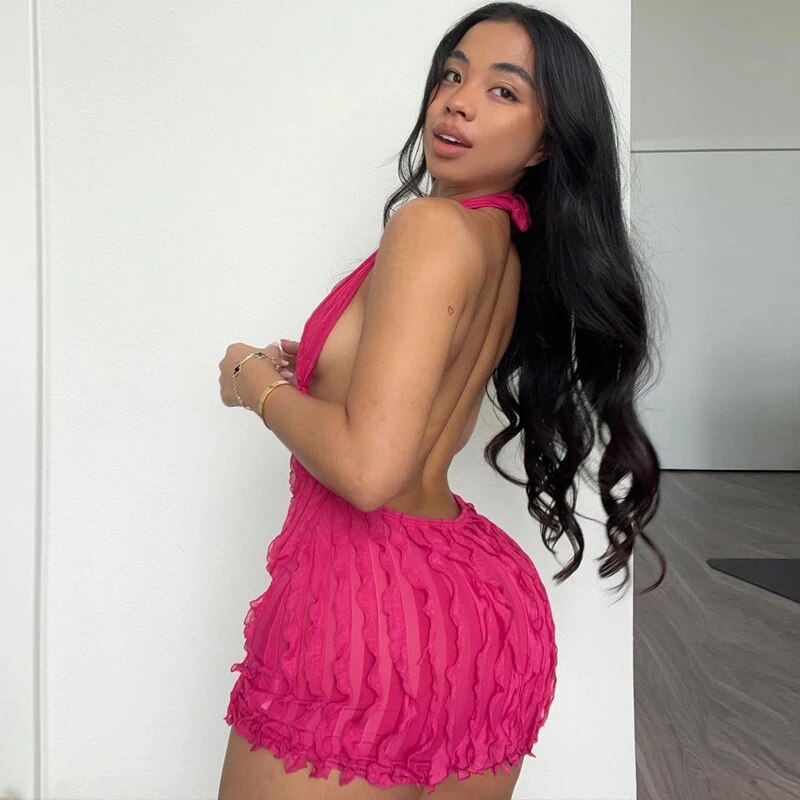 Pink Ruffles Deep Charming V-neck Mini Dress