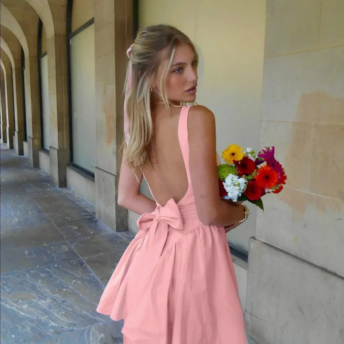 Open Back Oversized Bow Tie Flared Mini Dress