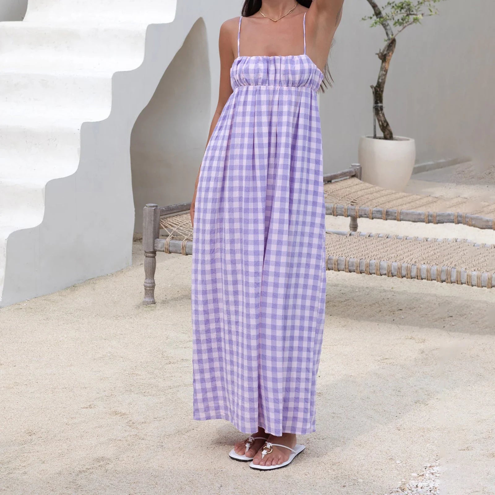 Backless Plaid Swing Slip Midi Dress