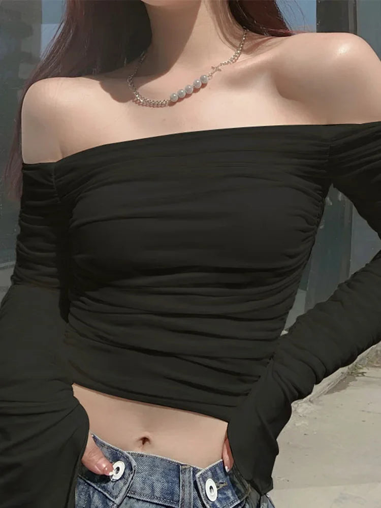 Mesh Patchwork Ruched OffShoulder Strapless