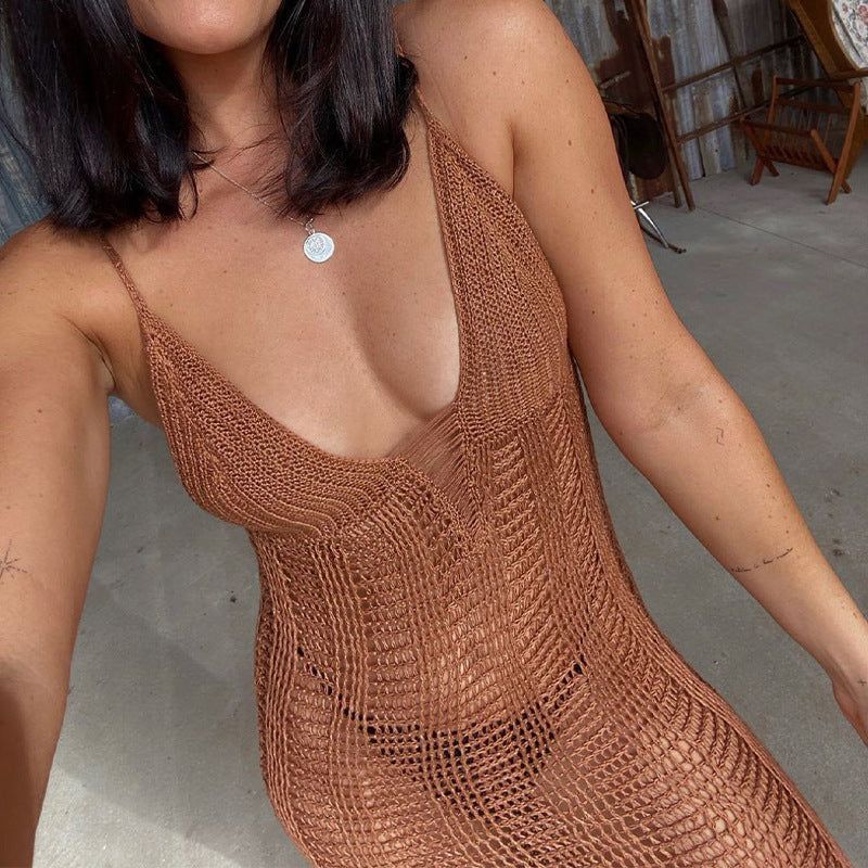 Plunge Neck Strap Crochet Knit Bodycon Maxi Dress
