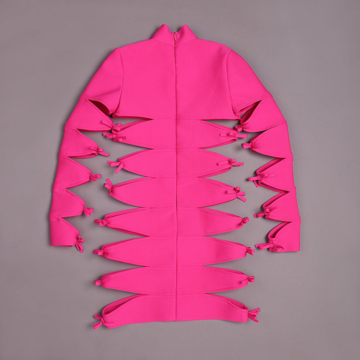 Pink High Neck Long Sleeve Bow Cutout Bodycon Mini Dress