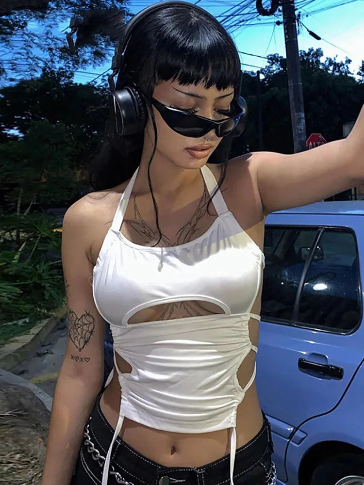 White Hollow Halter Crop Top