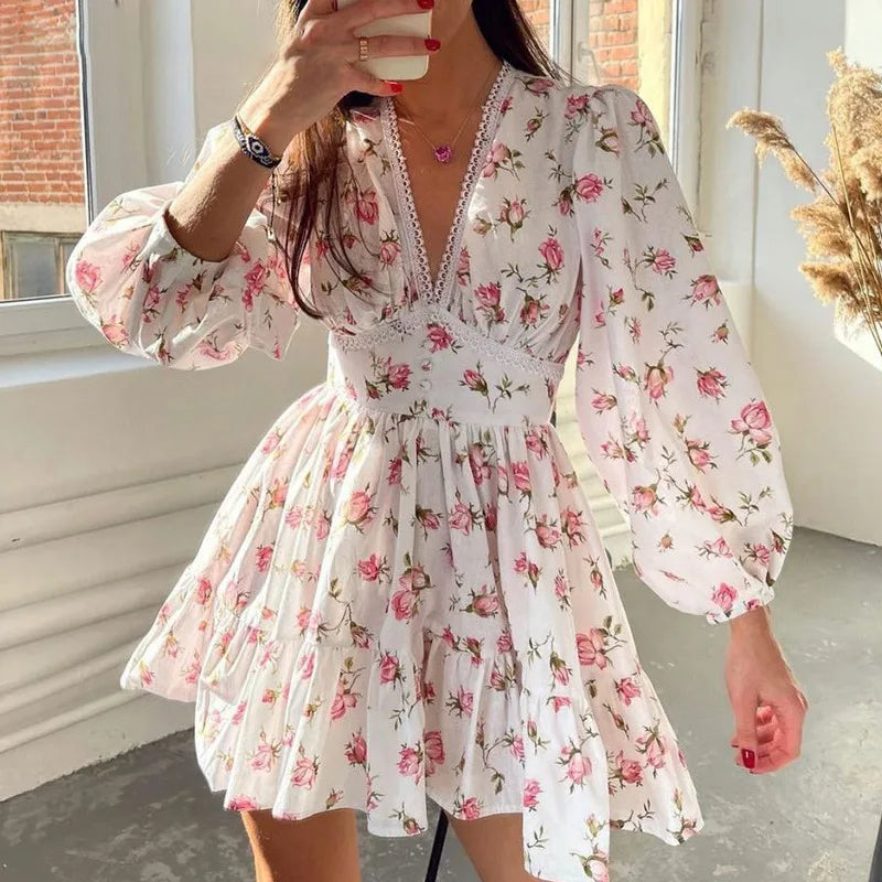 Vneck Lace Edge Midi Floral Dress