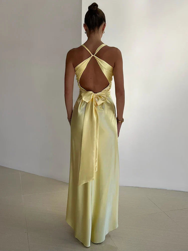 Satin V - neck Back Strappy Bow Maxi Dress