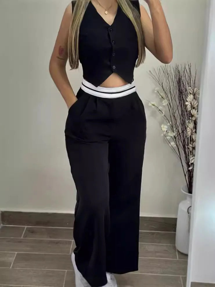 VNeck Pocket Straight Pant Suit
