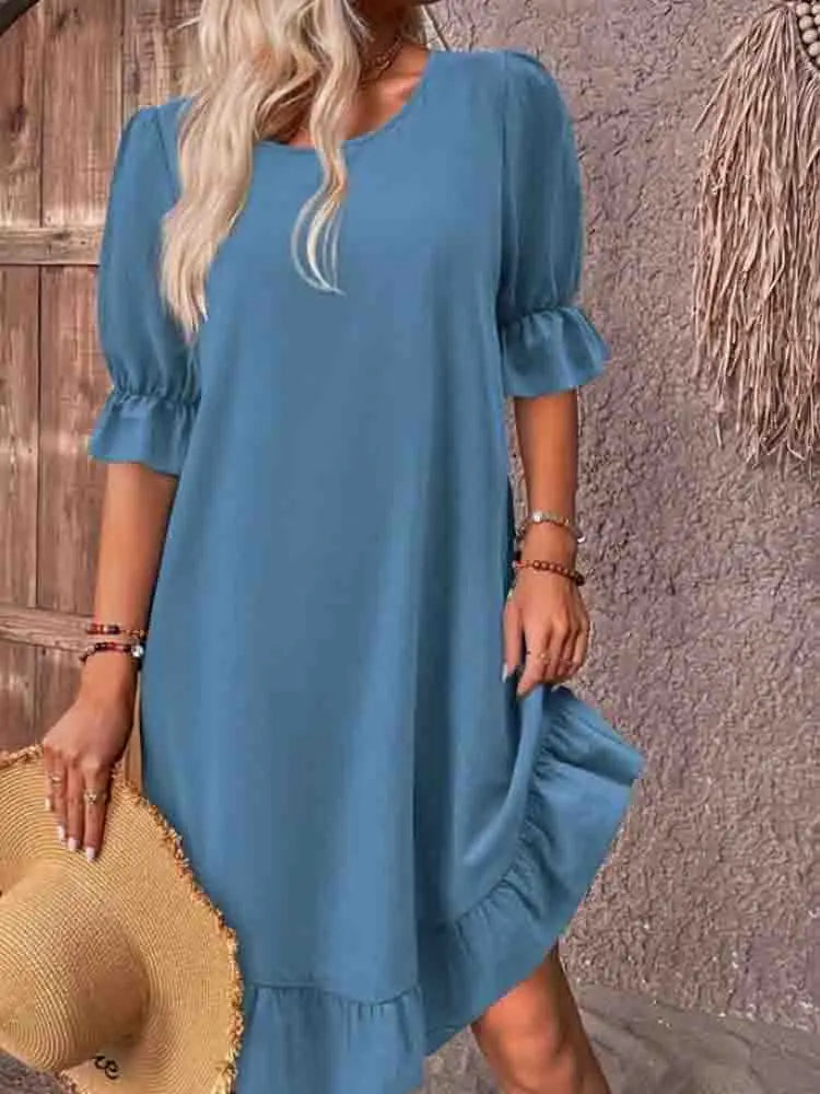 Round Neck Ruffle Cuff Half Sleeve Ruffle Hem Shift Mini Dress