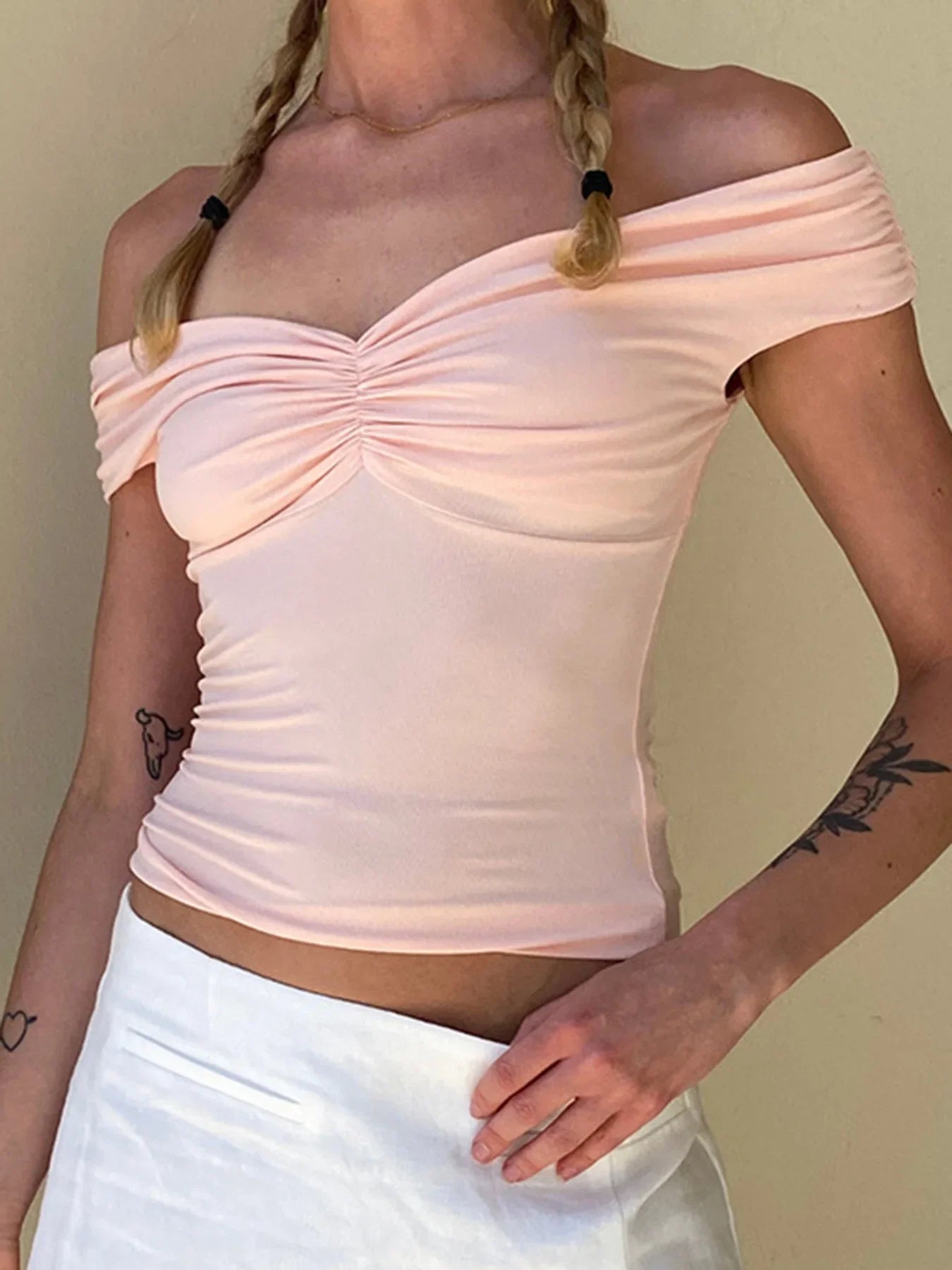 Off Shoulder Ruched VNeck Cropped Tee Crop Top