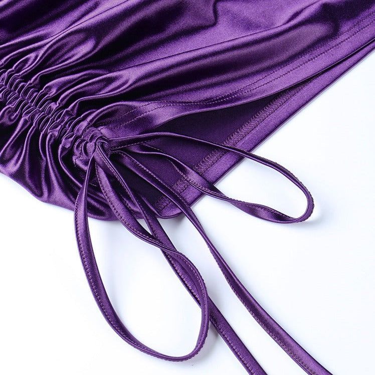 Purple Cowl Neck Satin Chain Strap Ruched Bodycon Mini Dress