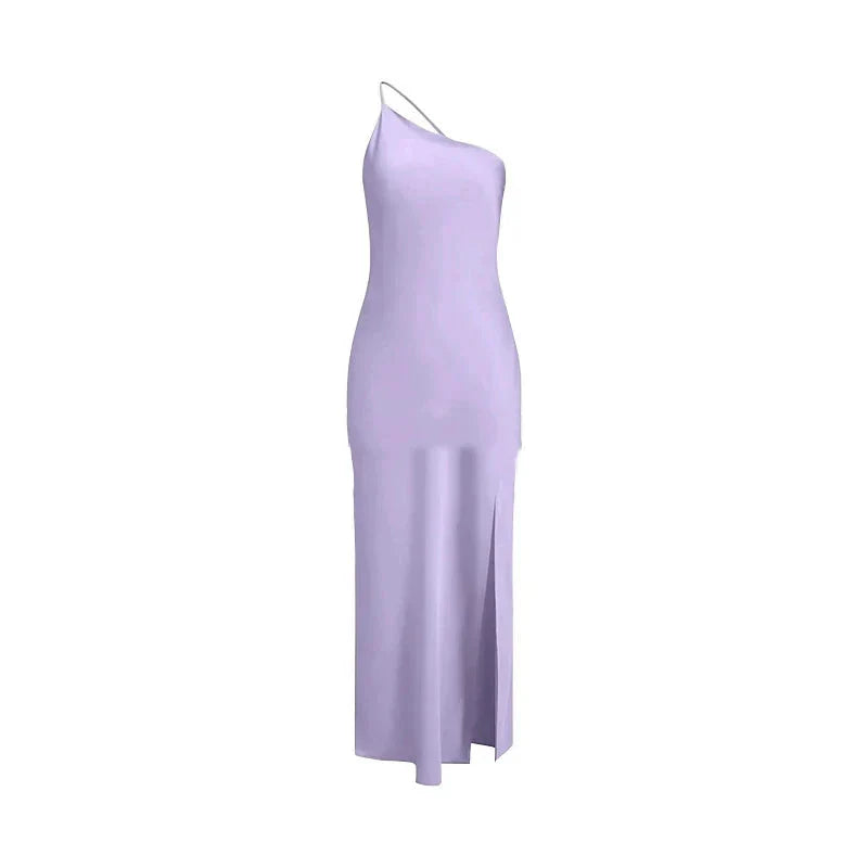 Backless Satin Slant Shoulder Solid Slit Long Dress