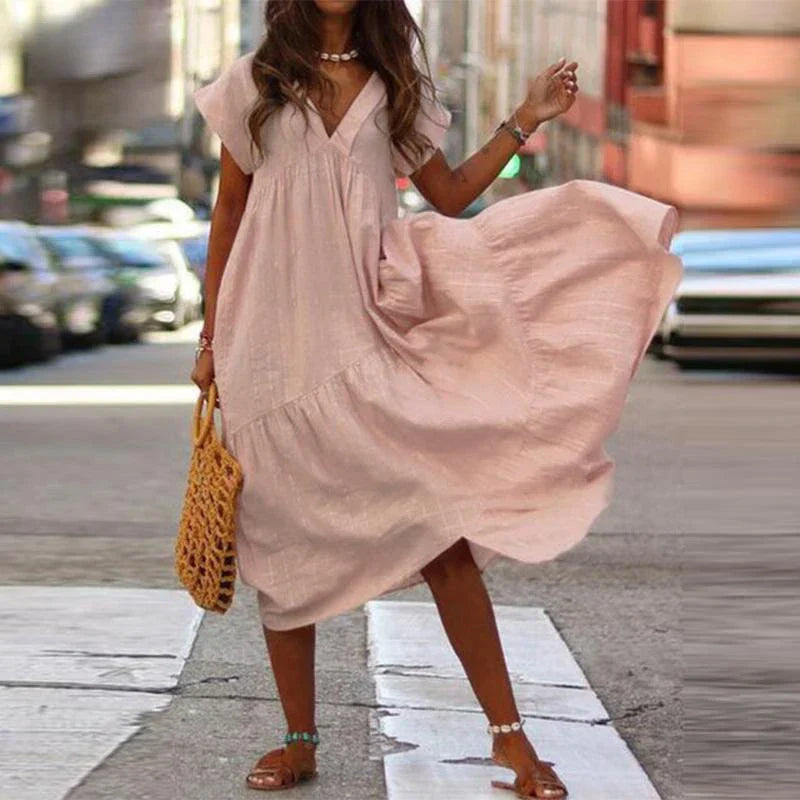Cotton Linen Oversize Loose Vneck Boho Dress