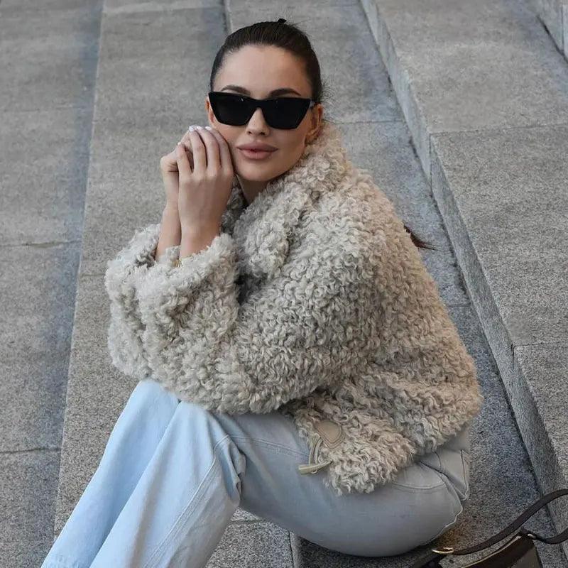 Beige Lapel Collar Fuzzy Faux Fur Plush Cropped Jacket 2