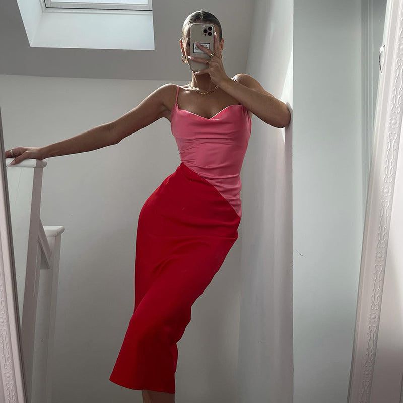 Red Cowl Neck Spaghetti Strap Satin Diagonal Panel Bodycon Maxi Dress