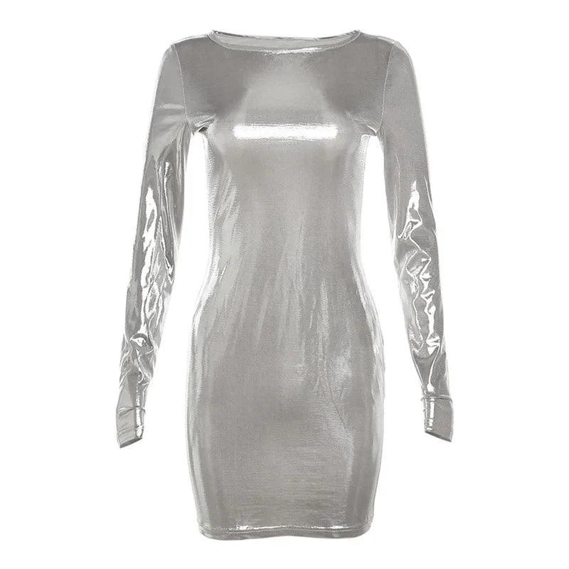 Silver Crew Neck Long Sleeve Metallic Foil Bodycon Mini Dress