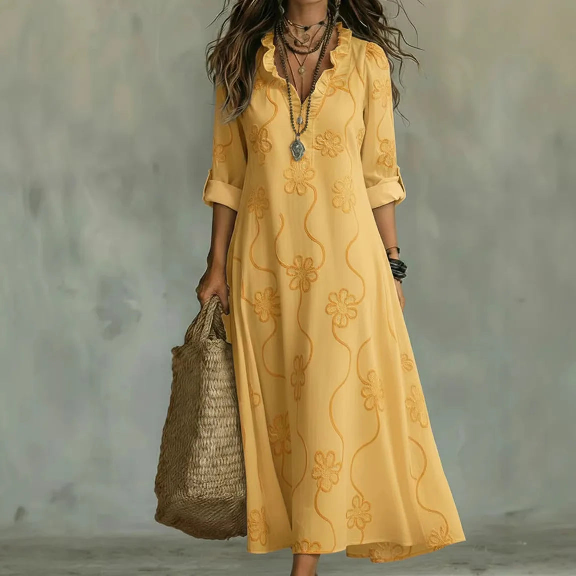 Split Neck Floral Textured Roll Tab Sleeve Shift Maxi Dress 3