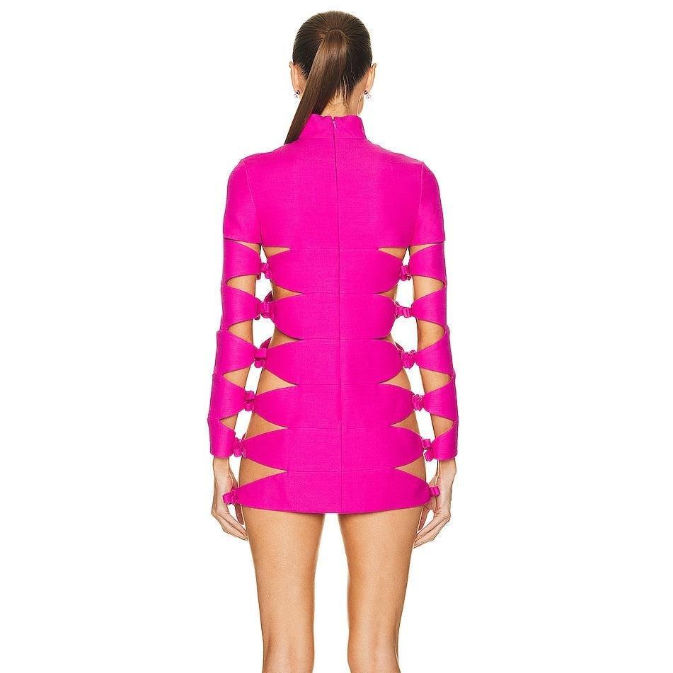 Pink High Neck Long Sleeve Bow Cutout Bodycon Mini Dress