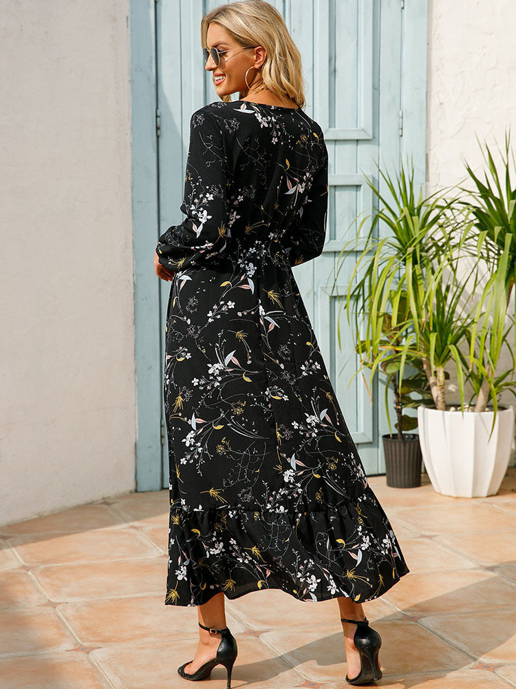 Casual Coastal Long Bohemian Flowered Dress M / Blue Dresses