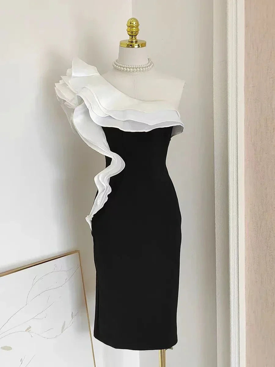 Diagonal Neck Patchwork Ruffles Folds Dress