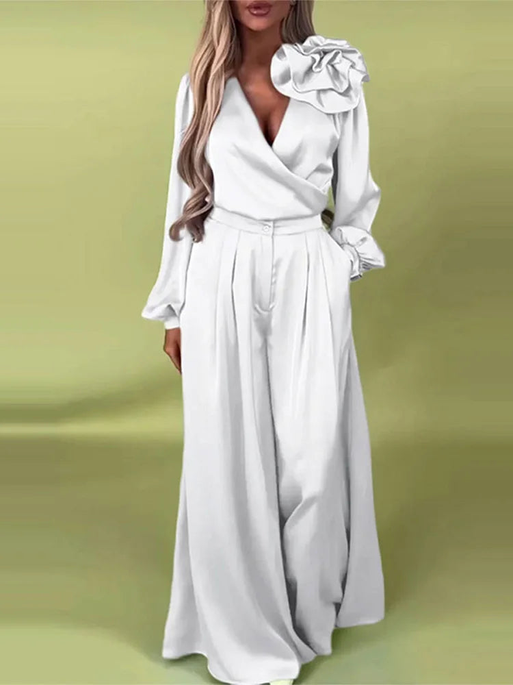 Satin Flower VNeck Wide Leg Suit