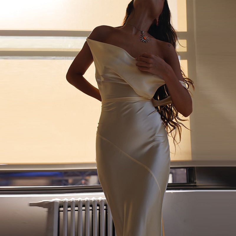 Beige Cowl Neck Plunging Back Satin Slip Maxi Dress