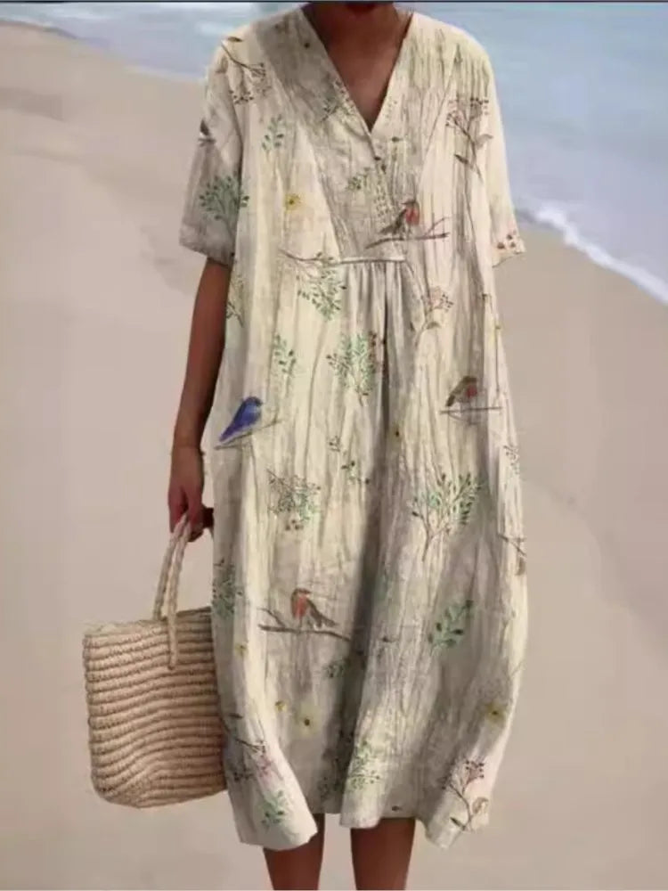 Ramona Statement Floral Print Cotton and Linen Dress Boutique Collection
