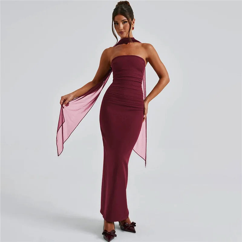 Mesh Sleeve Off - shoulder Long Dress