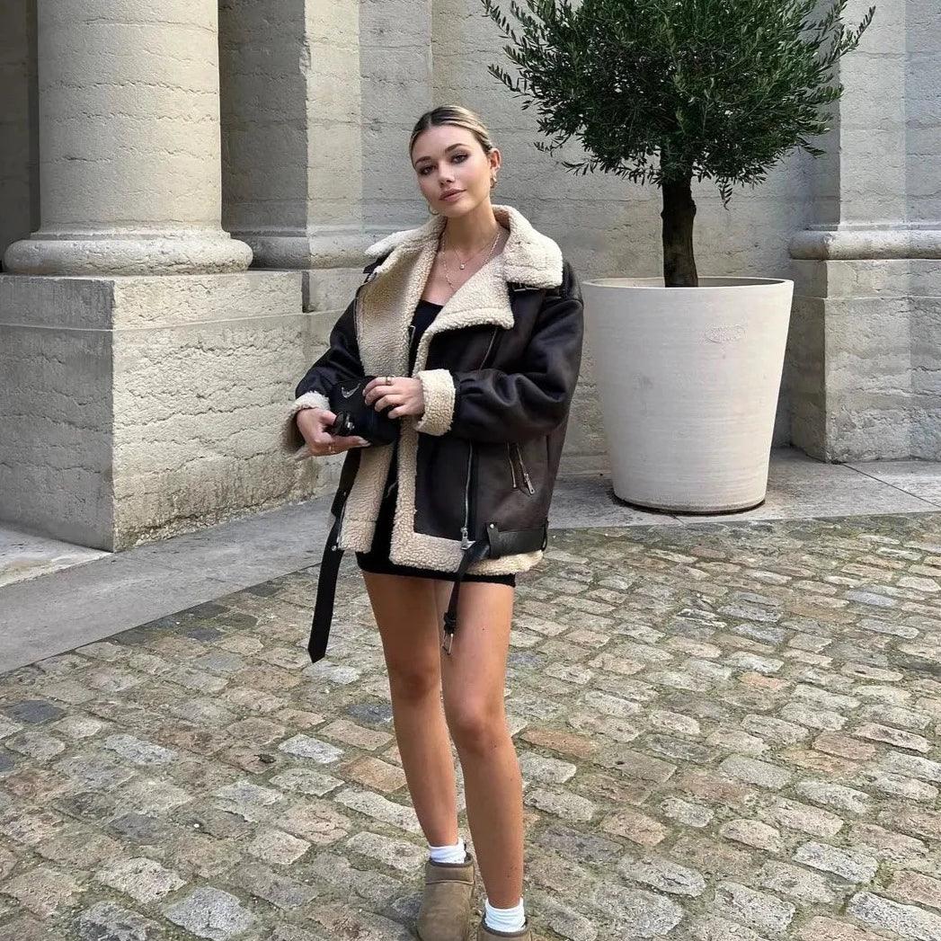 Brown Faux Shearling Lapel Leather Aviator Jacket