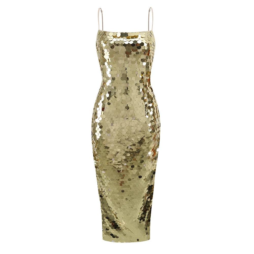 Gold Spaghetti Strap Disc Sequin Bodycon Midi Dress 5