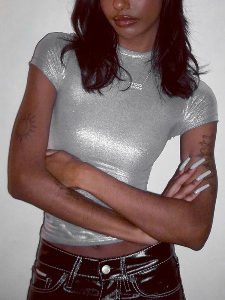 Leather Solid O Neck Slim Y2K Crop Top