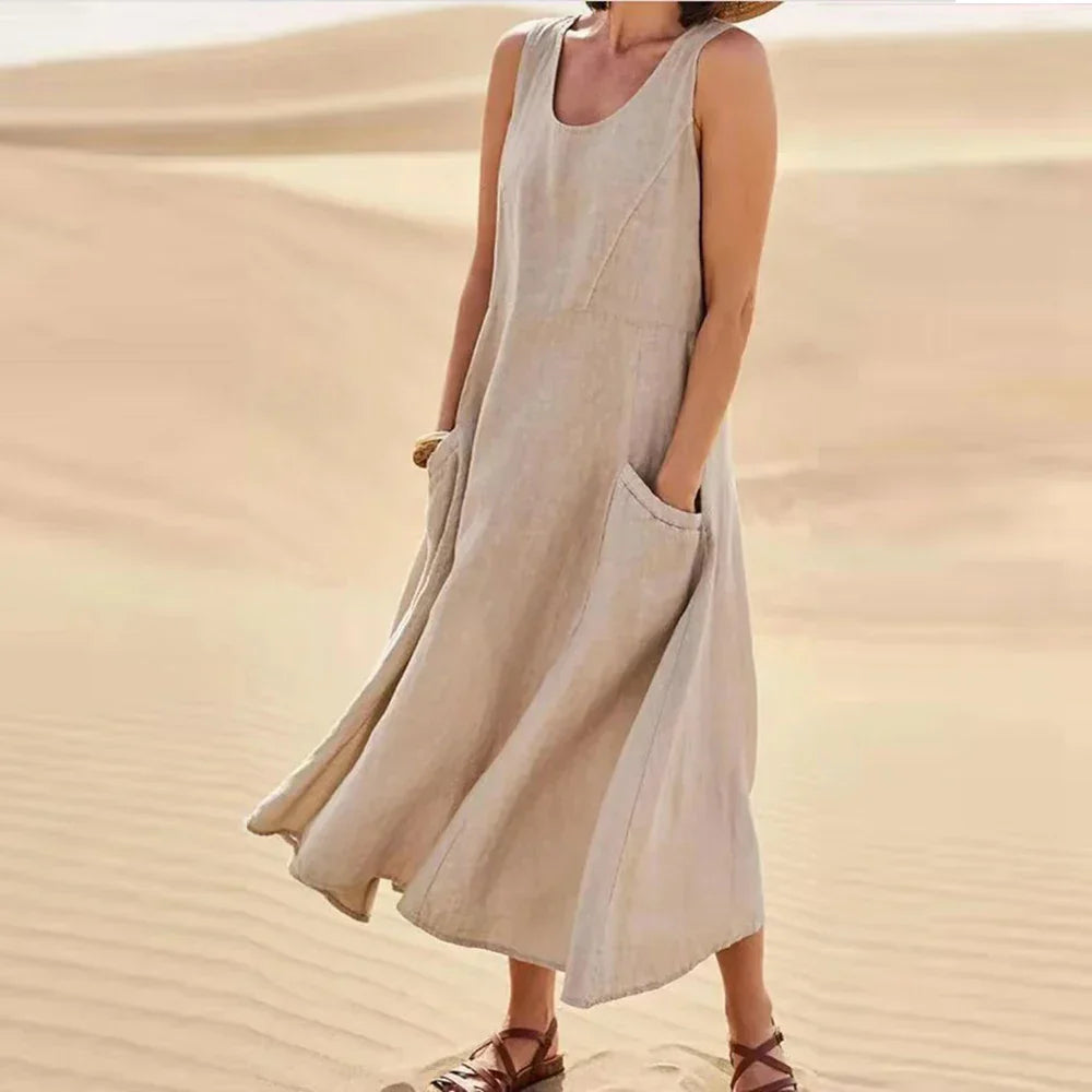 Brianna Boutique Women's Long Summer Dress in Cotton Linen with Pockets Premium Wardrobe Essential