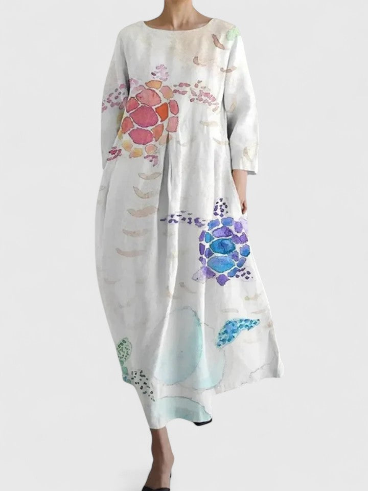 Round Neck Three-Quarter Sleeve Botanical Floral Print Cocoon Midi Dress
