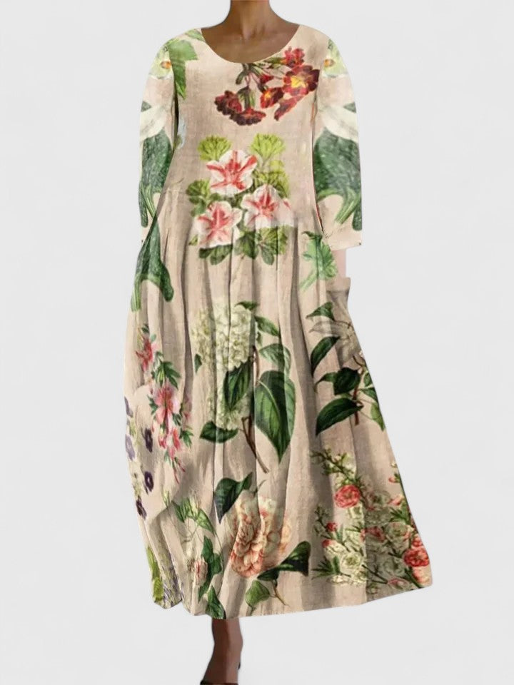 Round Neck Three-Quarter Sleeve Botanical Floral Print Cocoon Midi Dress