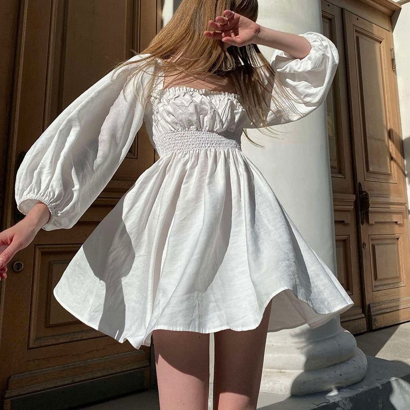 White Off-Shoulder Puff Sleeve Smocked A-Line Mini Dress