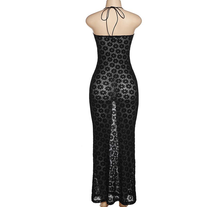Black Halter Strap Daisy Mesh Cutout Bodycon Maxi Dress 8