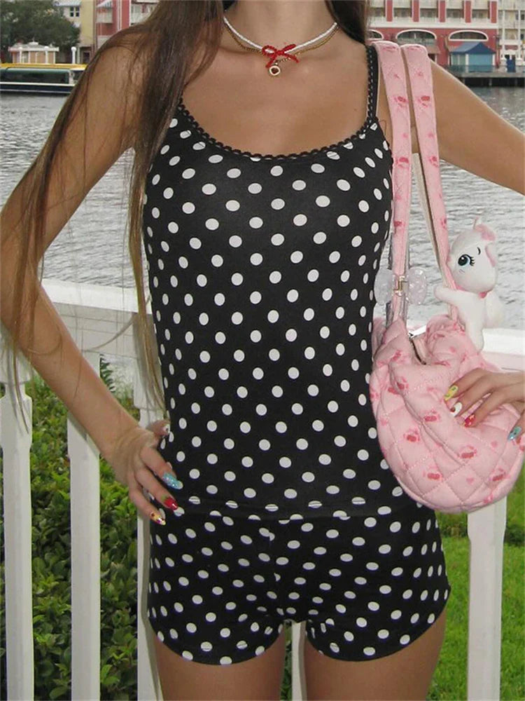 Polka Dot UNeck Crop Tank Top Two Piece Shorts Set