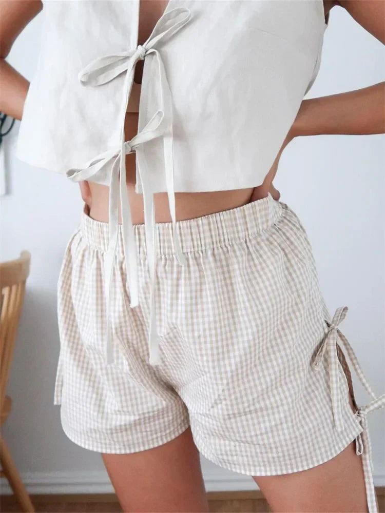 Plaid Split Lace-Up HolLow Short