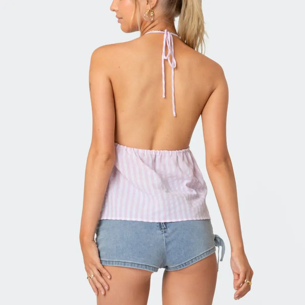 Y2K Striped Backless TieUp Front Halter Cami Top