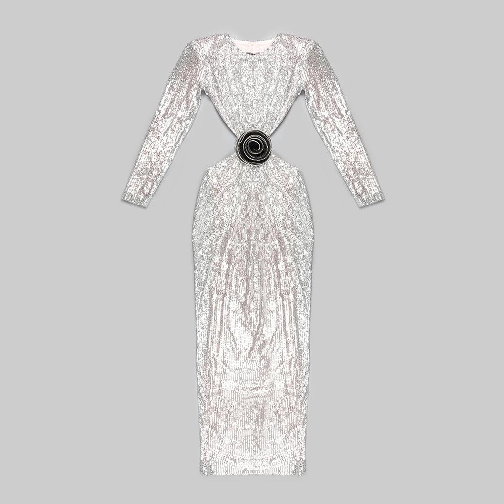 Silver Round Neck Long Sleeve Sequin Rosette Waist Cutout Maxi Dress 7