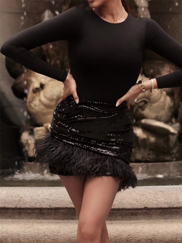 Glitter Women Sequin Feather Tassel Mini Skirt
