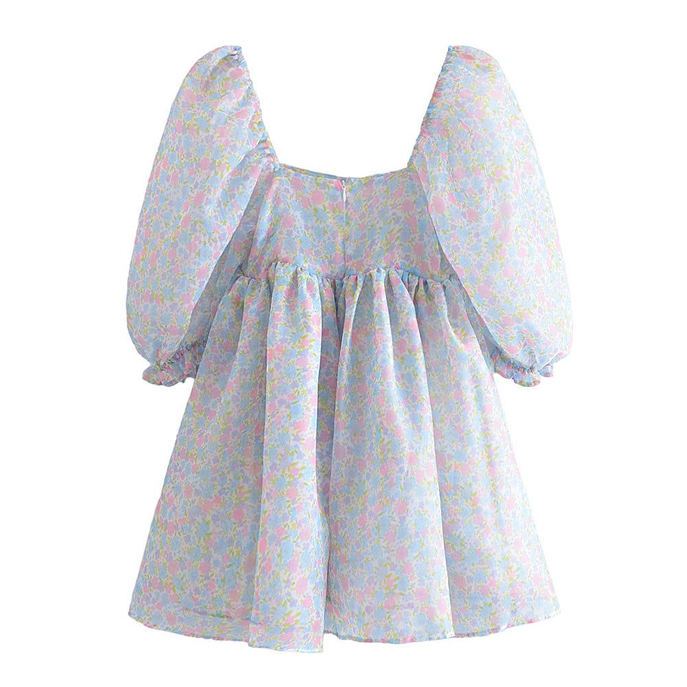 Blue Puff Sleeve Floral Organza Babydoll Mini Dress