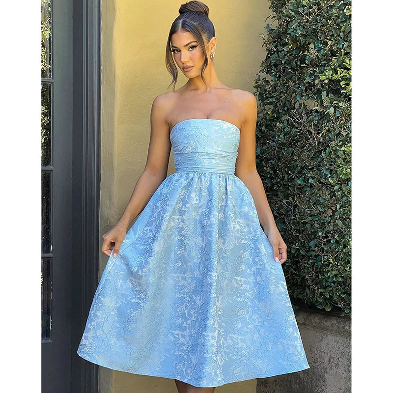 Jacquard Bow Strapless Backless Mini Dress
