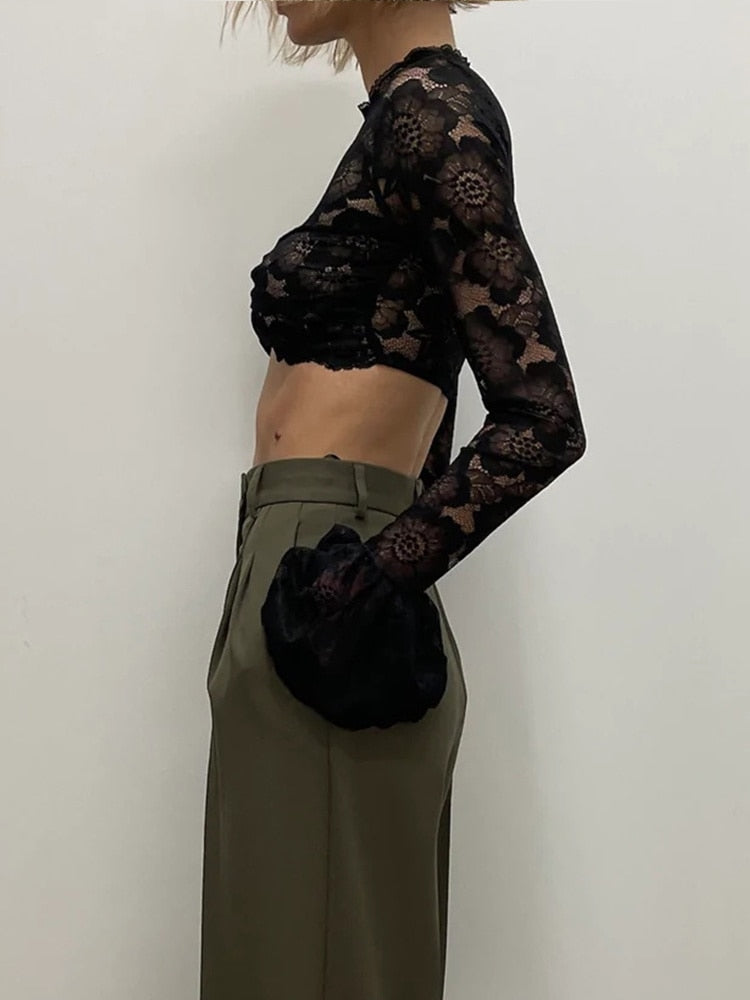 Long Sleeve Lace Charming Mesh Crop Top