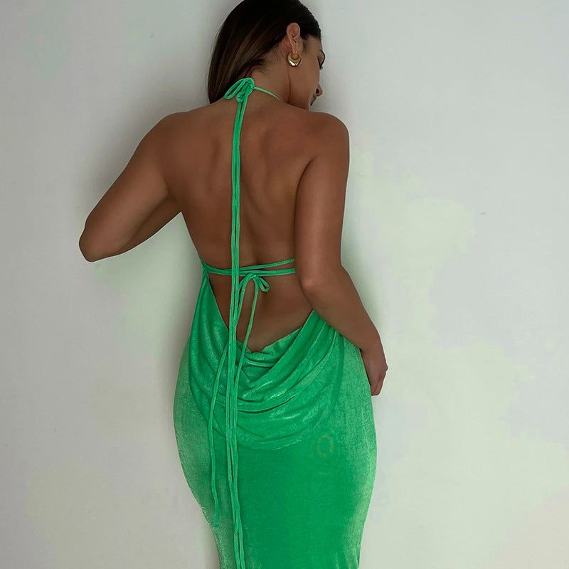 Halter Backless Lace-Up Draped Back Bodycon Maxi Dress