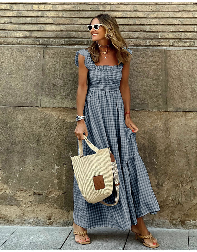 Square Neck Ruffle Strap Smocked Gingham Tiered Maxi Dress 6