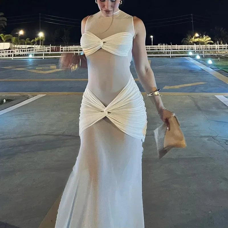 White See - Through Pleated Mesh Long Dress