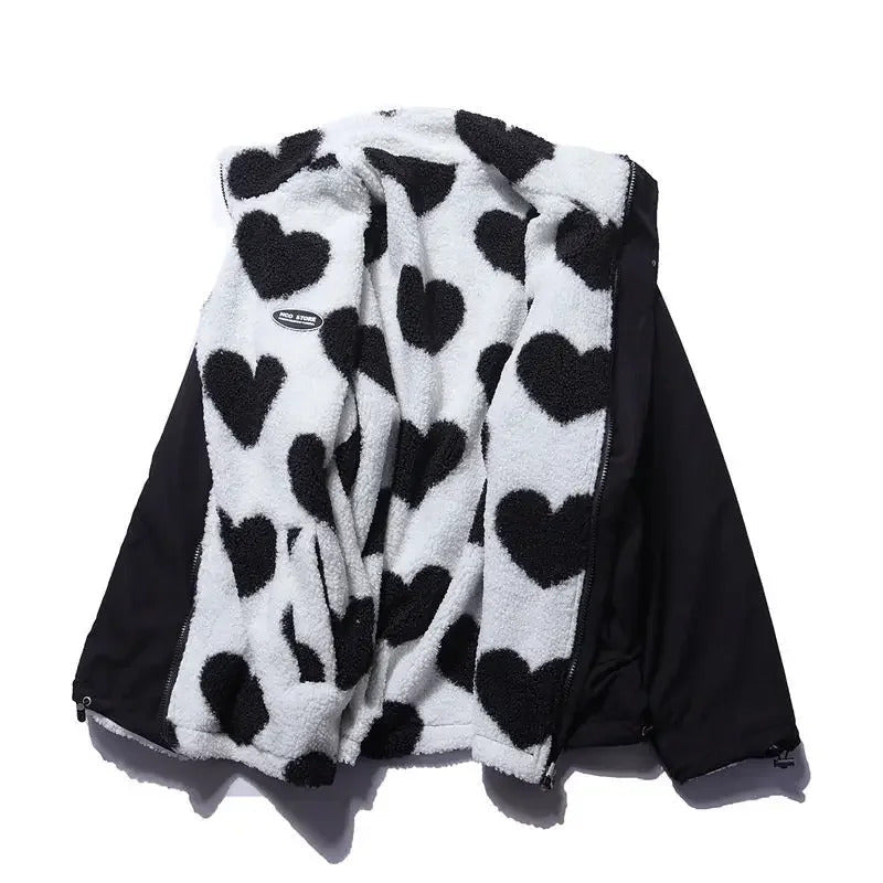 Stand Collar Heart Print Sherpa Fleece Zip Front Jacket