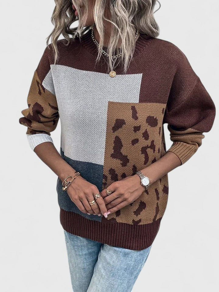 Round Neck Colorblock Leopard Panel Knit Sweater 4
